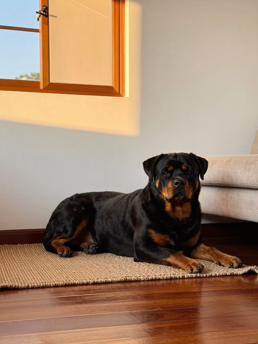 Rottweiler Resting on Woven Rug in Sao Luis Home in on a woven rug beside a low couch and an uncluttered wall near Sao Luis
