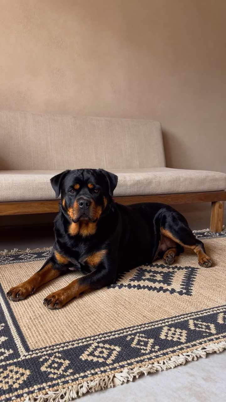 Rottweiler Resting on Woven Rug Near Ouarzazate in on a woven rug beside a low couch and an uncluttered wall near Ouarzazate
