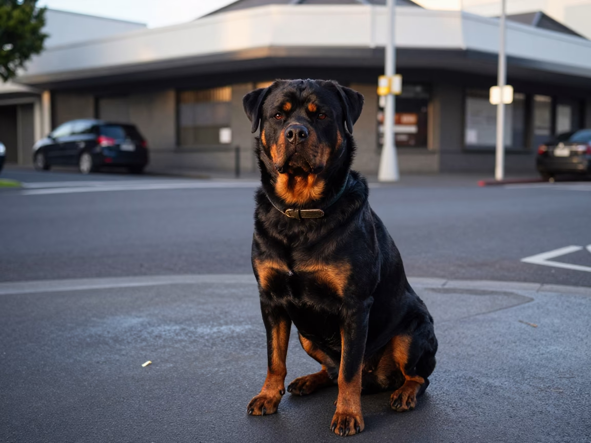 Rottweiler waiting patiently on a Wellington street corner at early evening in New Zealand in in Wellington, New Zealand