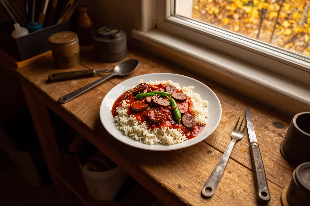 Rougail Saucisse Plate on Belfast Workshop Shelf in on a workshop shelf near Belfast