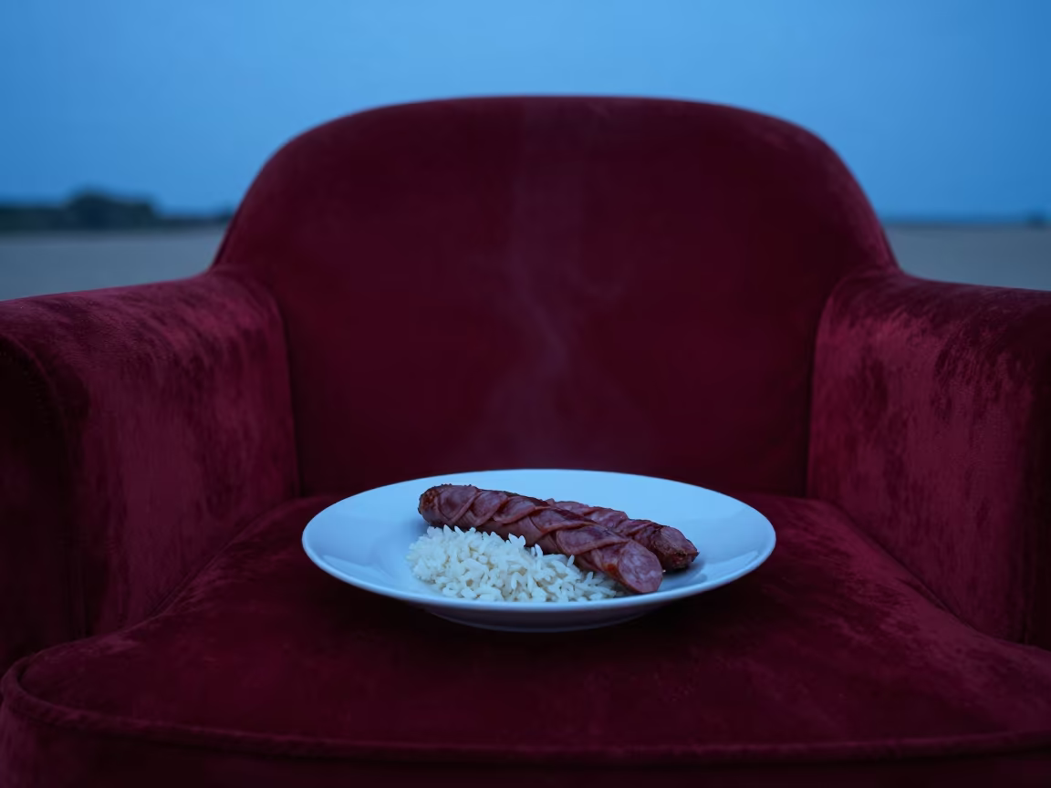 Rougail Saucisse and Rice on Velvet Chair Lagos in on a velvet chair near Lagos