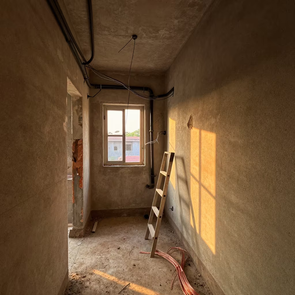 Rough-in Electrical Wall Golden Hour Vijayapura in inside an unfinished corridor near Vijayapura