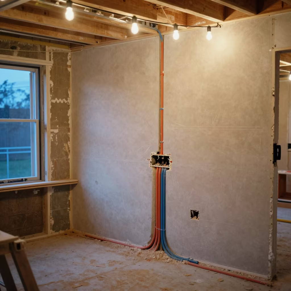 Rough-in Wall Under Blue Hour Light in at a drywall staging area in Victoria