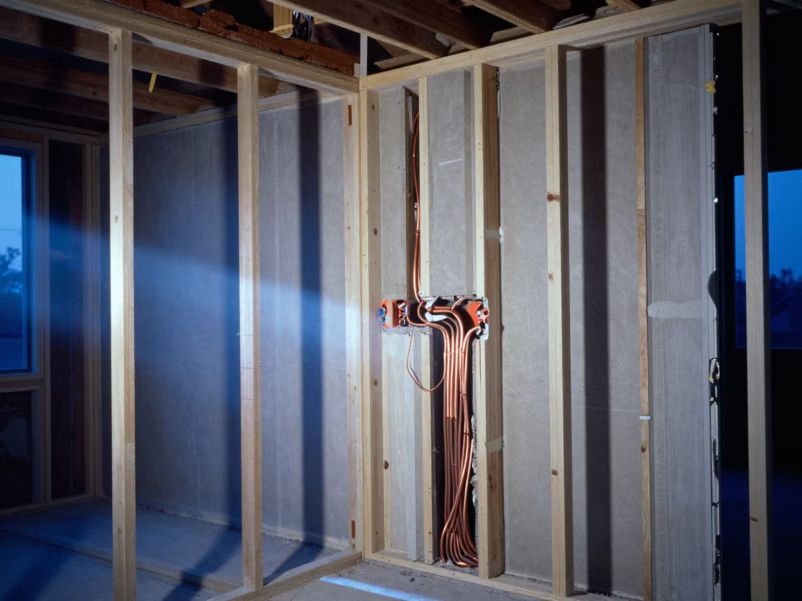 Rough-in Wall Under Blue Hour Neon Light Reno in in a renovation zone under temporary light in Reno
