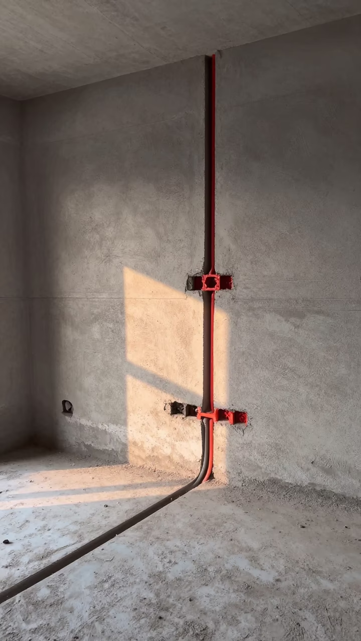 Rough-in Wall Under Flat Overcast Winter Light in in a renovation zone under temporary light near Hefei