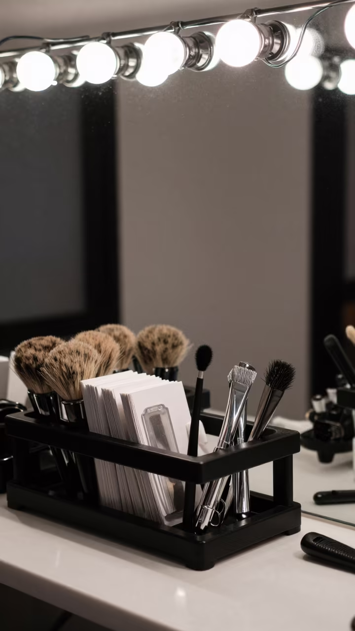 Round Brush Rack Under Vanity Lights in at a barber station beneath mirror bulbs in El Paso