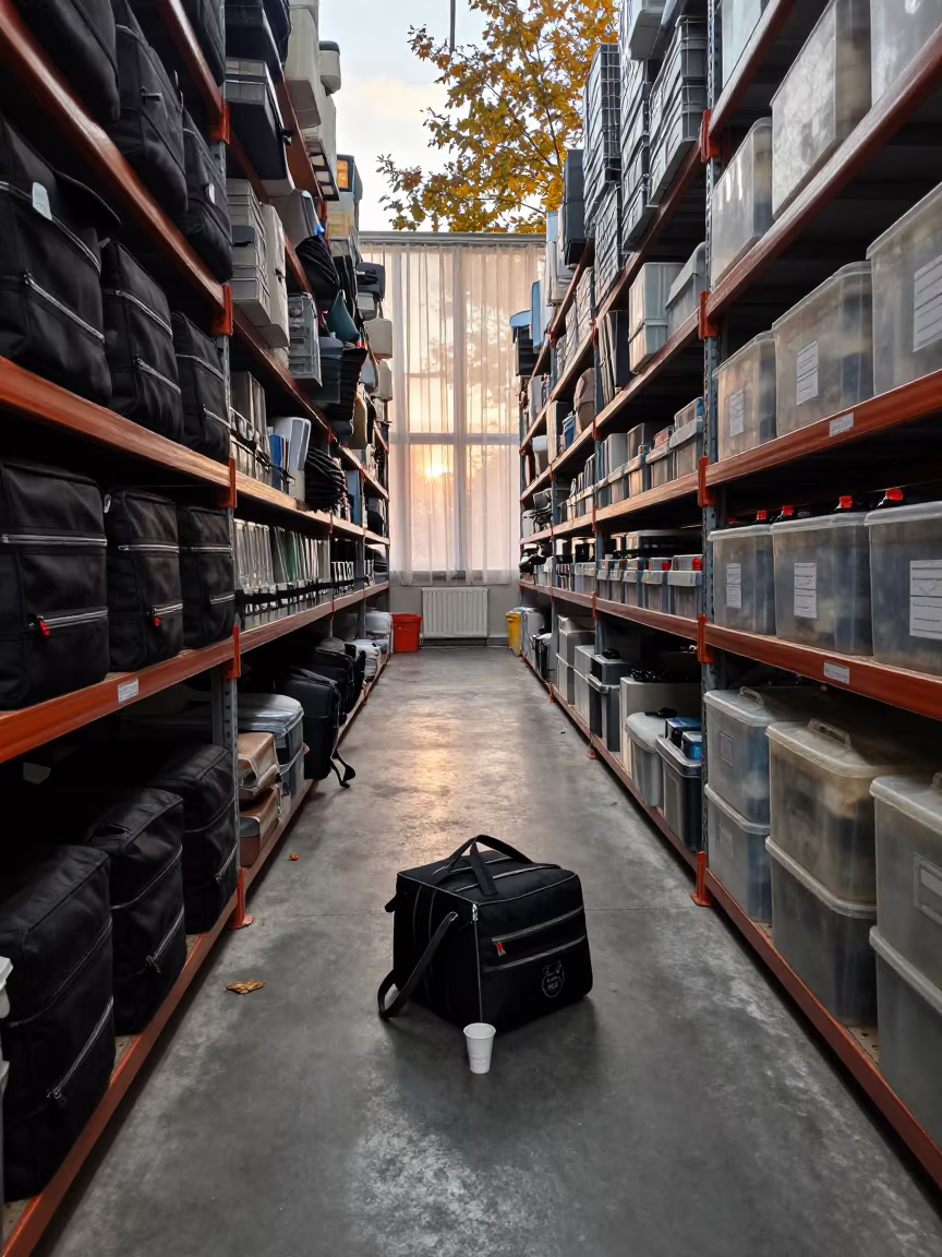 Route Bag Repair Cup Under Dawn Warehouse Light in inside a warehouse aisle in Bucharest