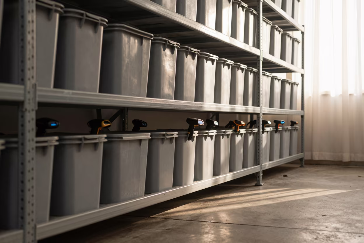 Route bins and scanners at dawn in Hermosillo depot in inside a warehouse aisle in Hermosillo
