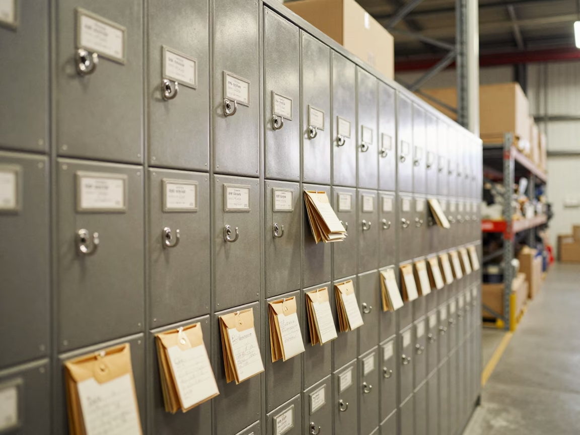 Route Key Locker Wall with Notes in Warehouse in inside a warehouse aisle near Fukuoka