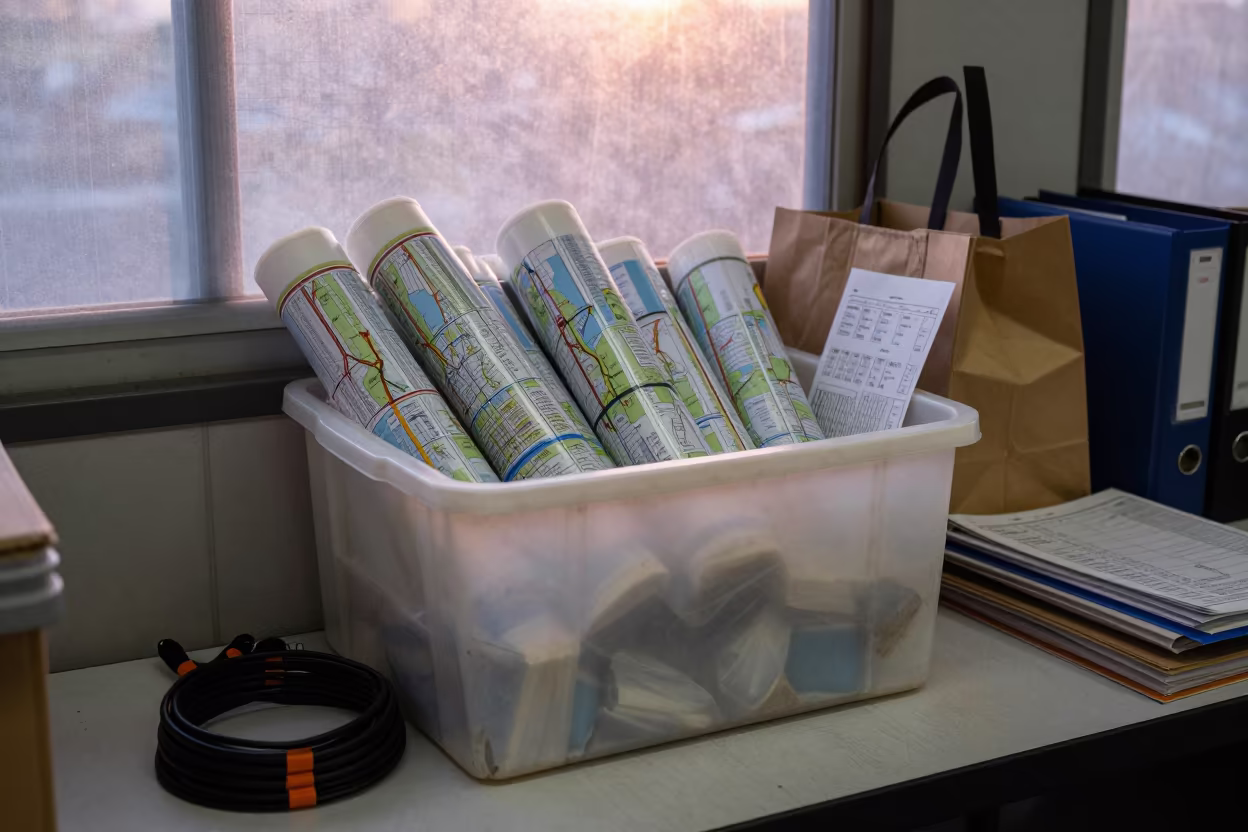 Route Map Tube Bin at Dawn Loading Station in at a fulfillment packing station near Gabela