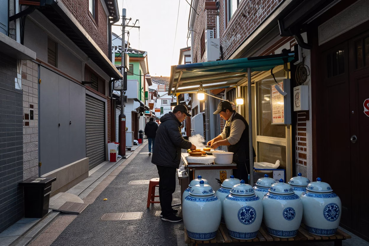 Routine Alley in Seoul at As First Light Reaches The Scene in in Seoul, South Korea