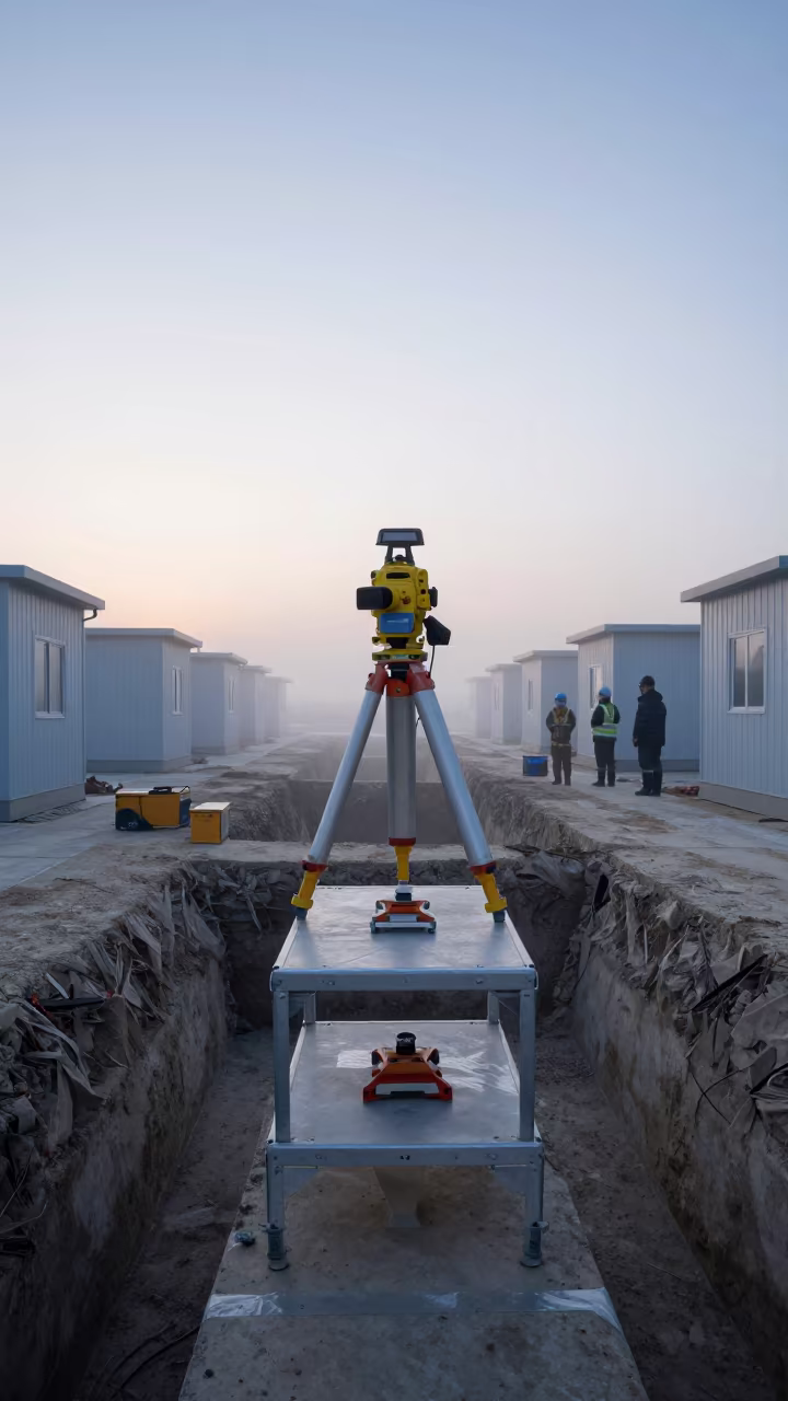 Rover Charging Shelf at Dawn Mist in inside a taped-off excavation edge in Jiangsu