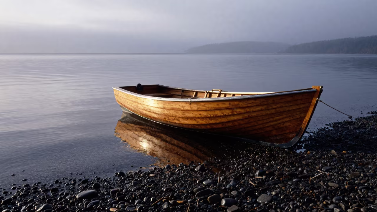 Rowboat on British Columbia Pebble Shore at Dawn in in British Columbia
