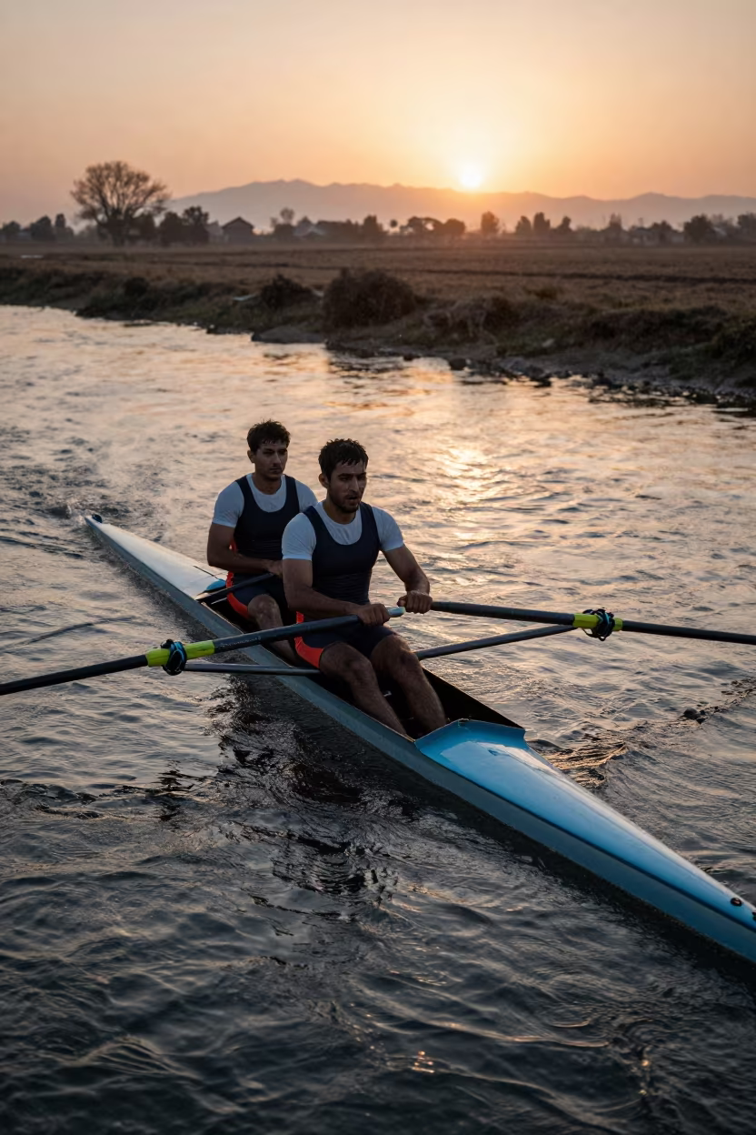 Rower on Black River at Sunset in near open fields near Charsadda