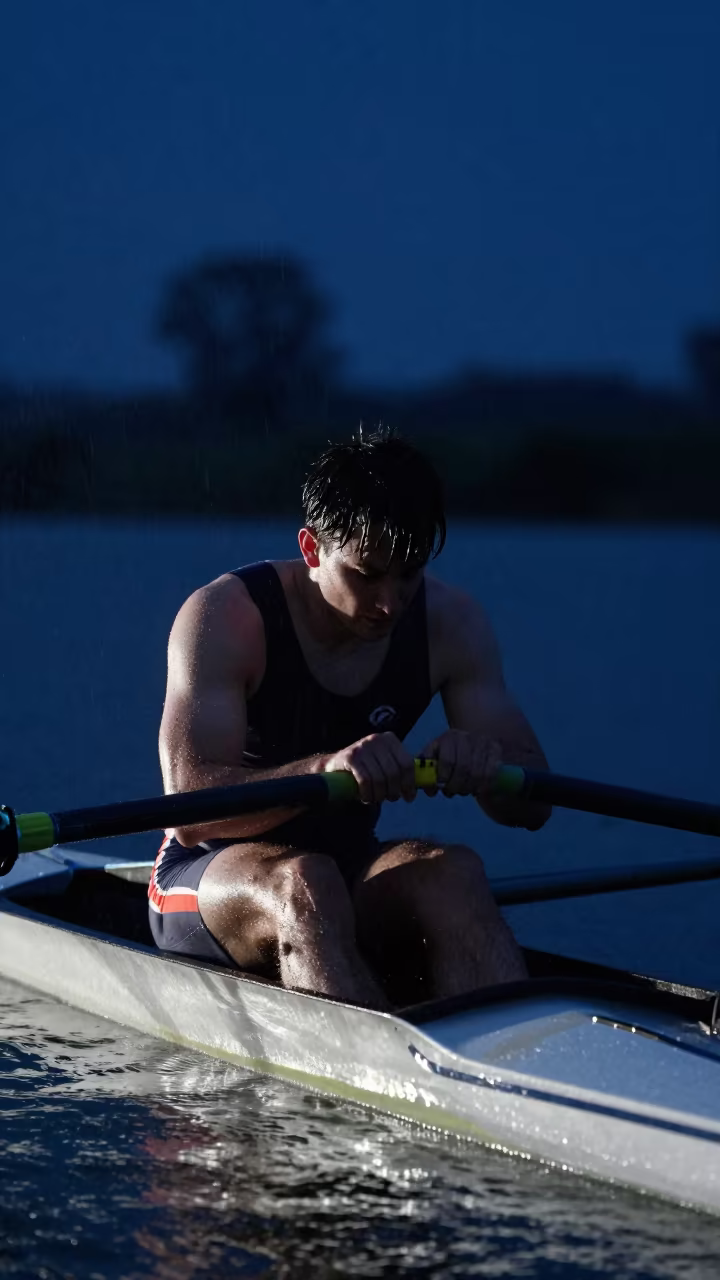Rower Collapses Over Oars in Winter Drizzle in near open fields near Perth