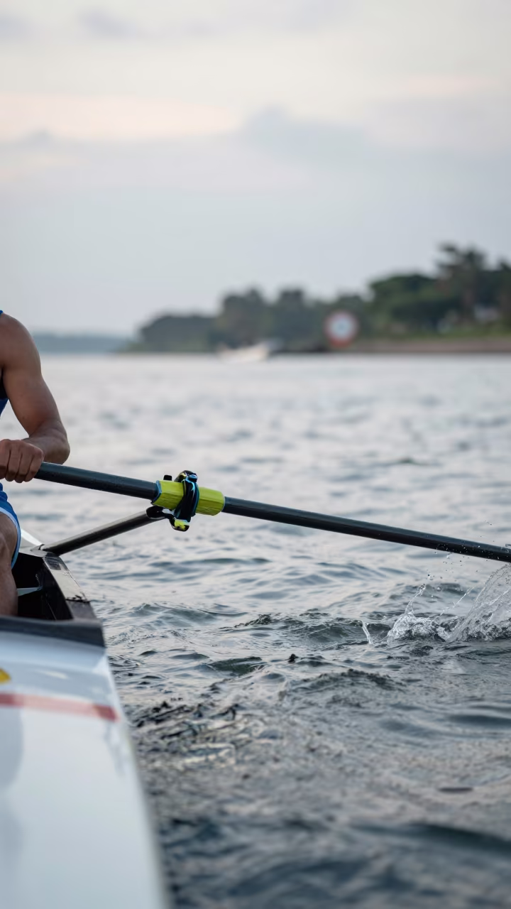 Rower Feathering Blade at Huambo Dawn in at a roadside stop near Huambo