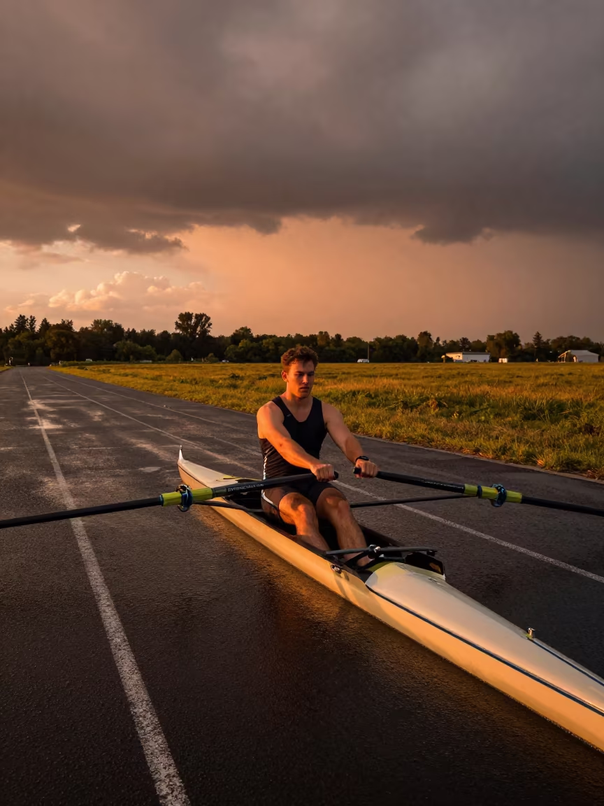 Rower Mid Warmup in Copper Light Before Dusk in near open fields near Oshawa