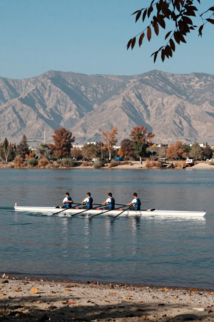 Rower Pulling Oars on Flat Water Near Mirpur Khas in along a beach near Mirpur Khas