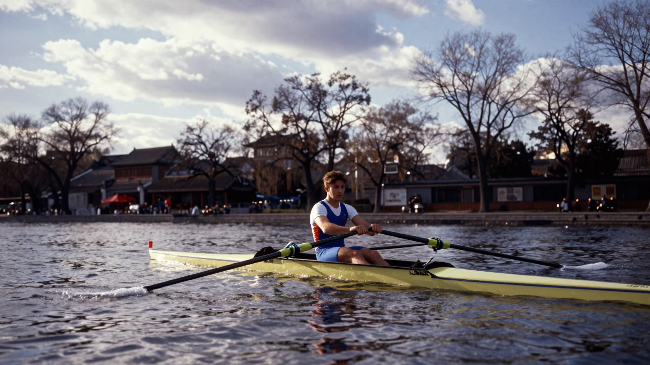 Rower Pulling Oars Noon Gulou Beijing in at a roadside stop near Gulou, Beijing