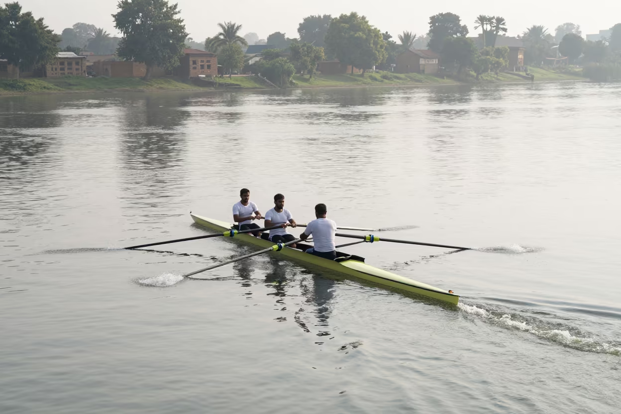 Rower Pulling Oars on River Near Lahore in by a riverbank near Lahore