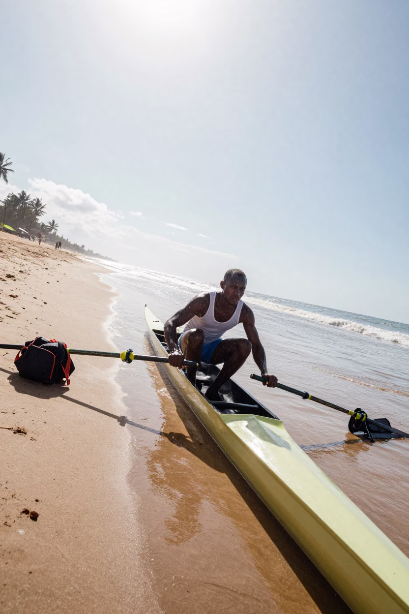 Rower on Rainy Beach Track at Noon in along a beach near Ferkessédougou