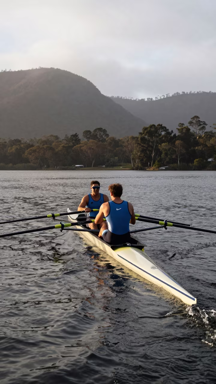 Rower Shell Cutting Morning Water Lines in on a mountain path near Adelaide