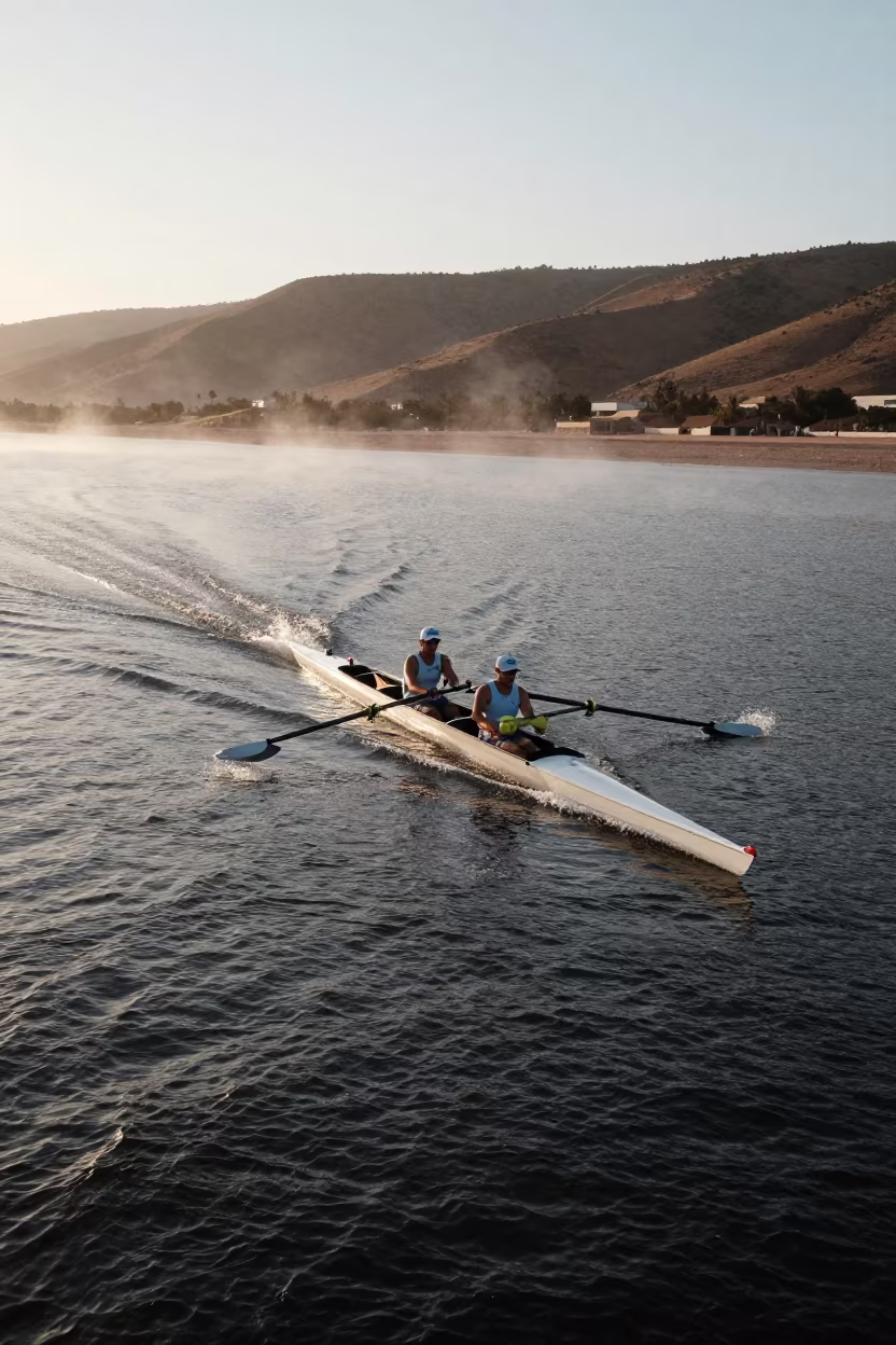 Rower Shell Cutting Morning Water in Mist in on a hillside near Agadir