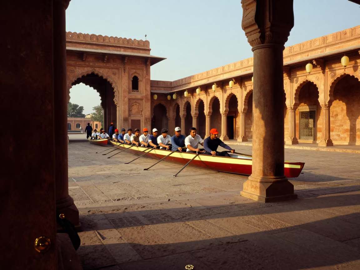 Rowing Crew at Junagadh Shrine Gateway at Golden Hour in in a shrine lined with lanterns in Junagadh