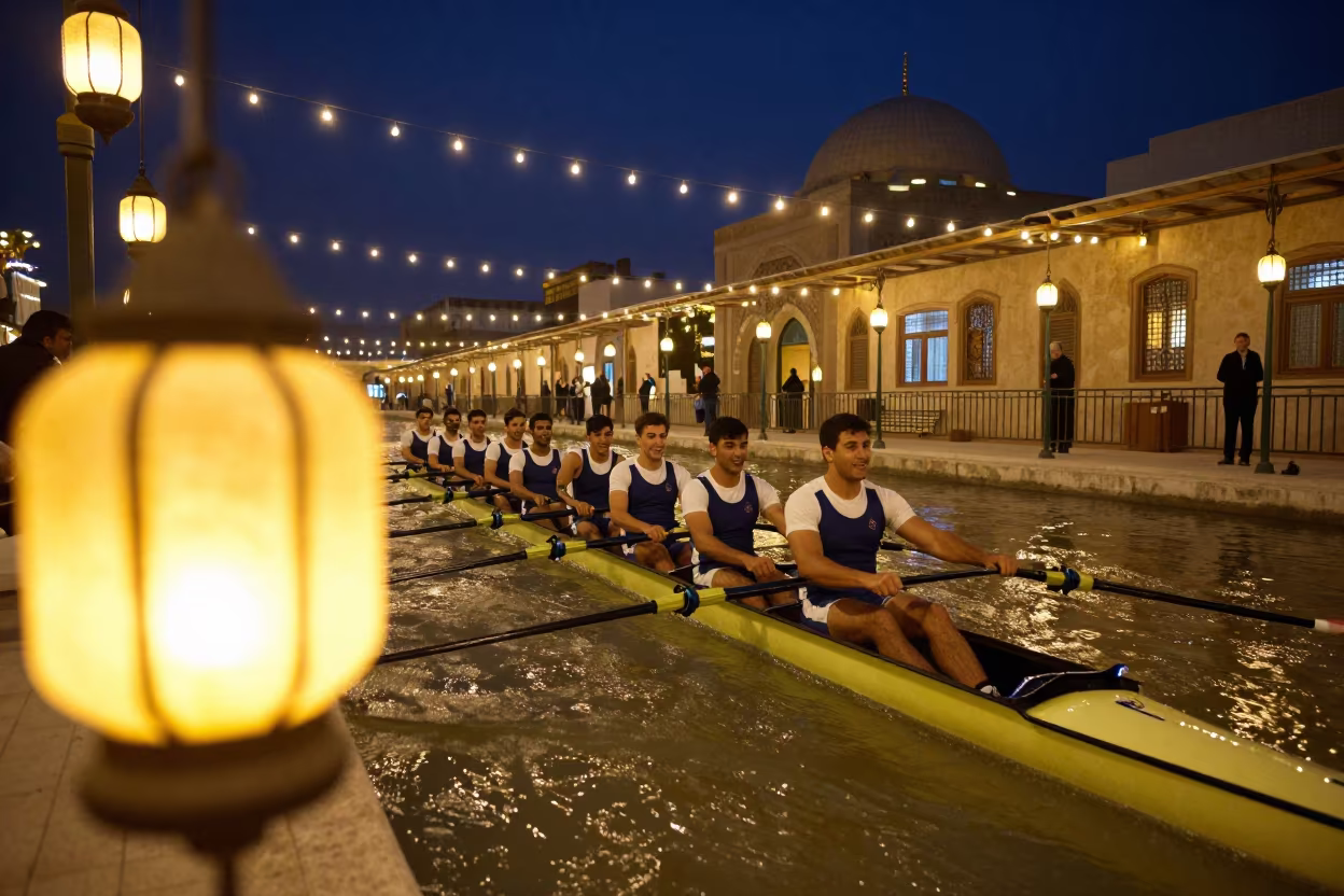 Rowing Crew in Baghdad Lantern Shrine Night in in a shrine lined with lanterns near Baghdad