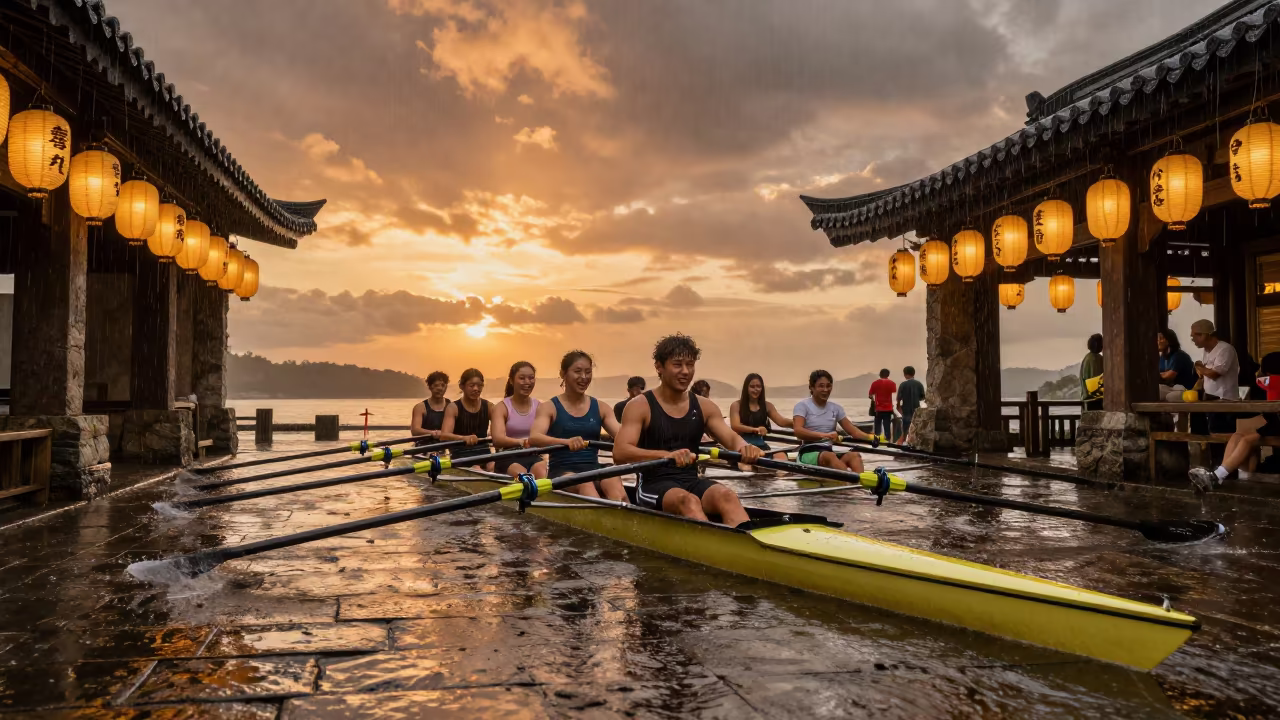 Rowing Crew in Ponce Lantern Shrine at Sunset in in a shrine lined with lanterns in Ponce