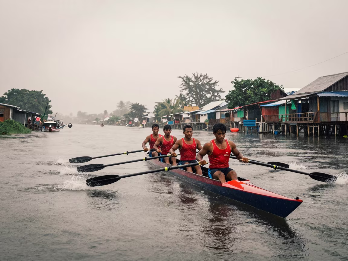 Rowing at Dawn with Frozen Falling Rain in in a village lane near Cebu