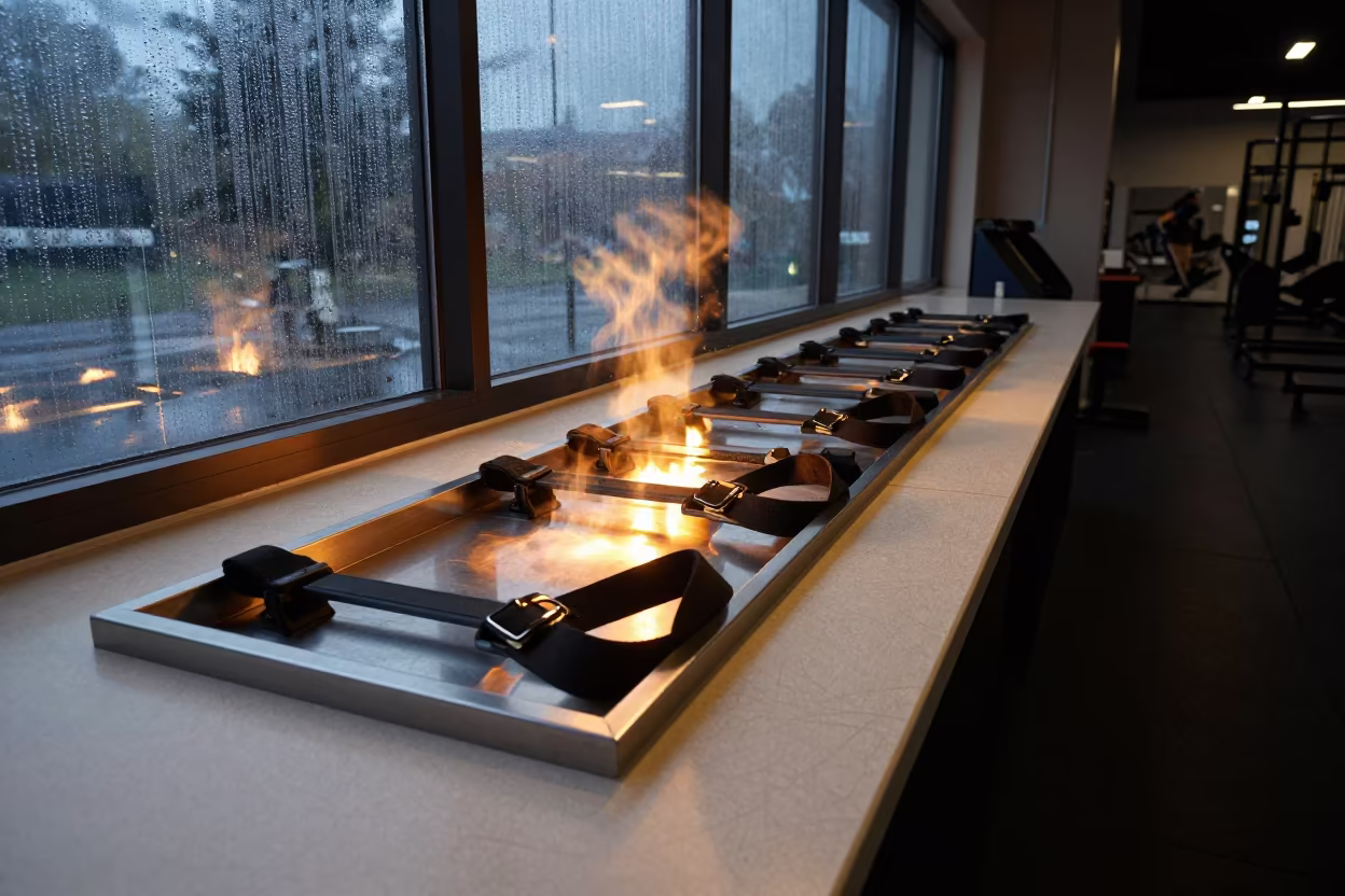 Rowing Foot Strap Tray Night Gym in at a gym check-in desk in Hamilton