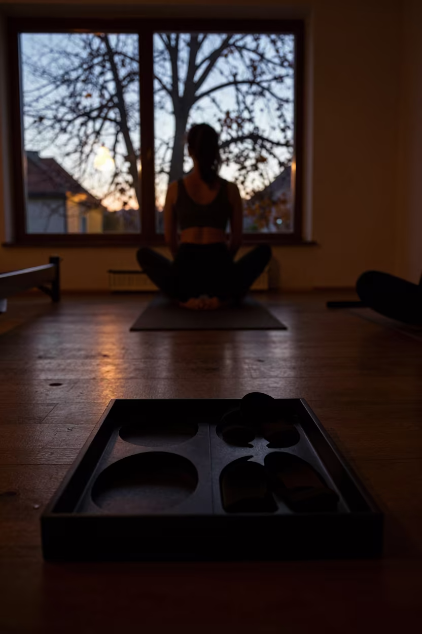 Rowing Foot Strap Tray Silhouetted in Twilight Studio in inside a yoga studio before the session begins near Bratislava