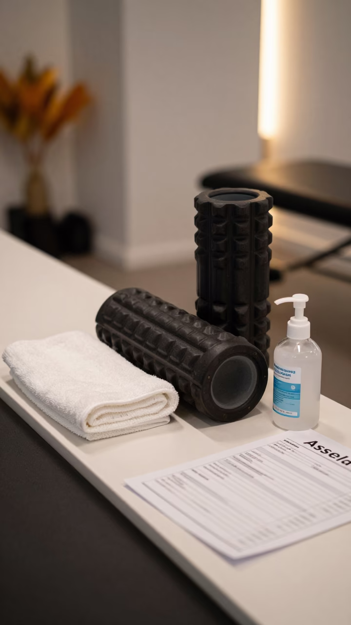 Rowing Handle Station Before Class in inside a recovery lounge beside foam rollers in Assela