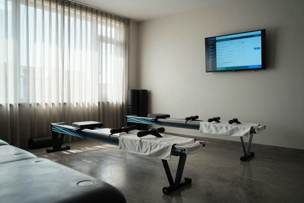 Rowing Handle Wipe Station Before Booking Cycle in inside a recovery lounge beside foam rollers in Al-Fashir