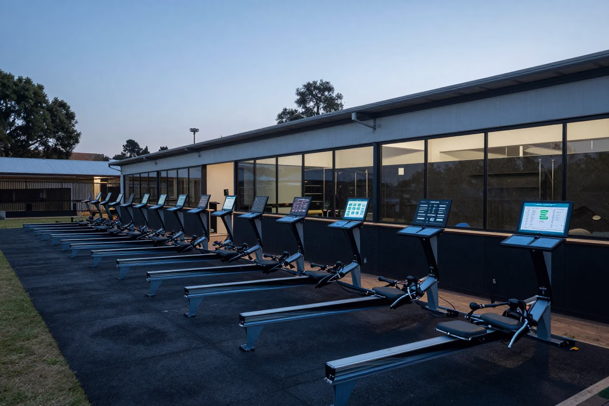 Rowing Handle Wipe Station Before Evening Cycle in inside a climbing gym warmup zone near Johannesburg