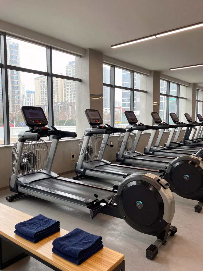 Rowing Lane Towels Nanjing Cardio Floor in inside a cardio floor facing tall windows near Nanjing