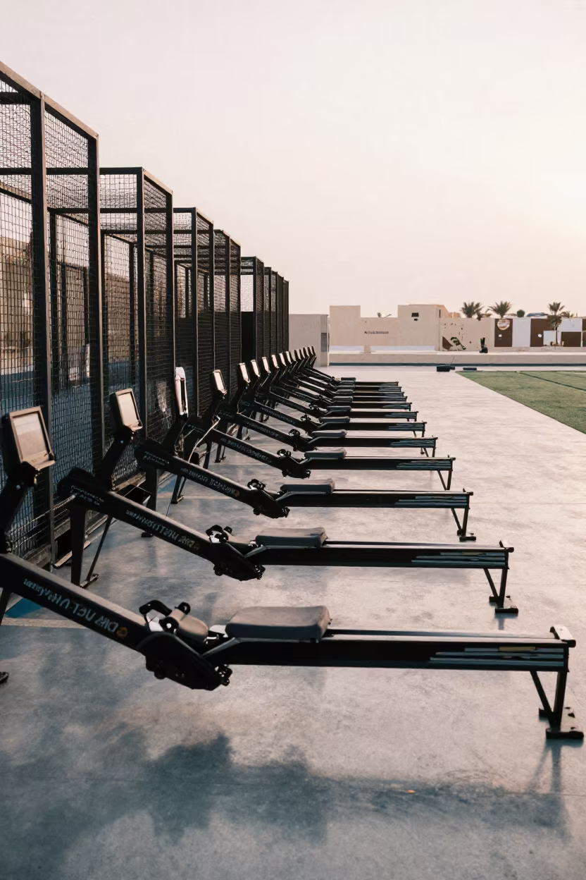 Rowing Machines in Al Ain Gym Before Sunrise in inside a climbing gym warmup zone in Al Ain