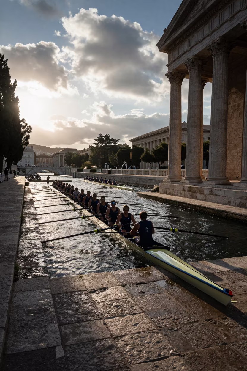 Rowing Regatta at Dawn in Marseille Temple Courtyard in in a temple courtyard near Marseille