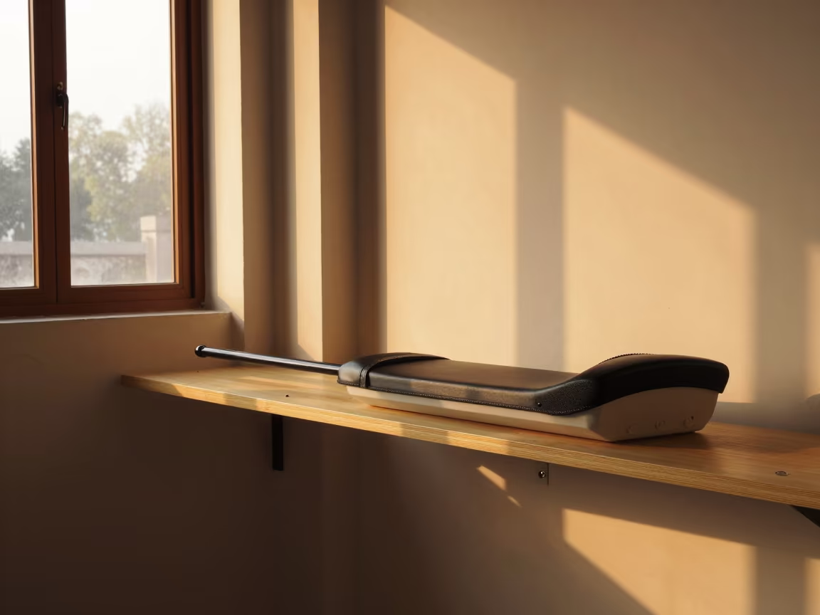Rowing Seat Pad Shelf in Yoga Studio Sunset in inside a yoga studio before the session begins near Prayagraj
