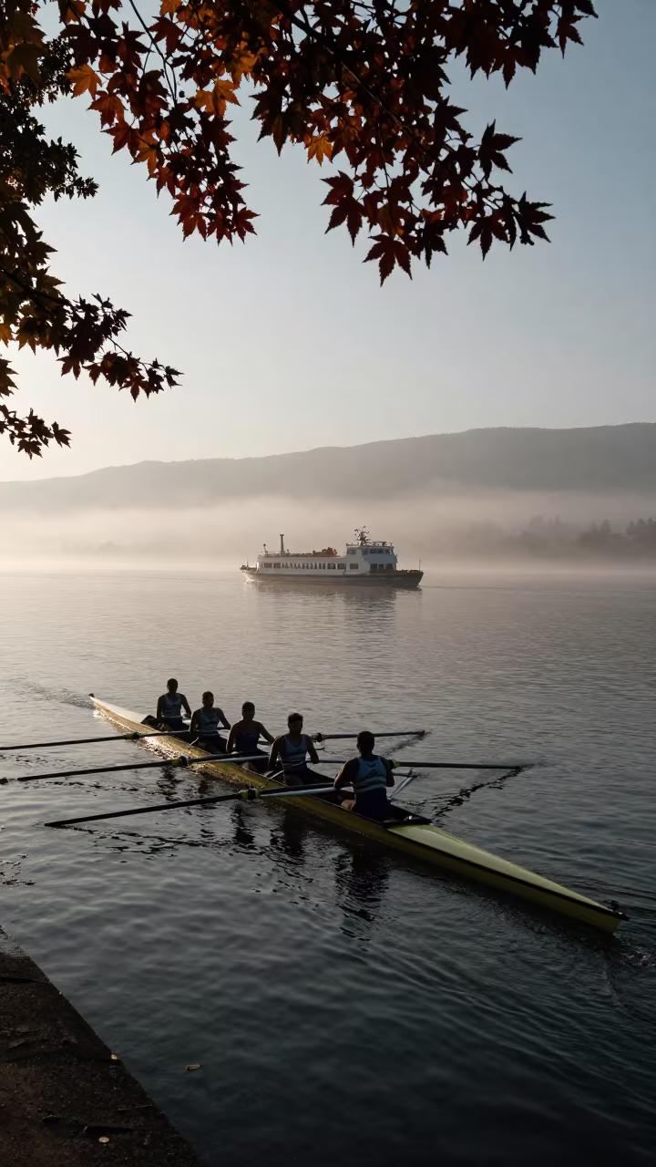 Rowing Shell Four Dawn Mist Lebanon Ferry in across a remote ferry crossing in Lebanon