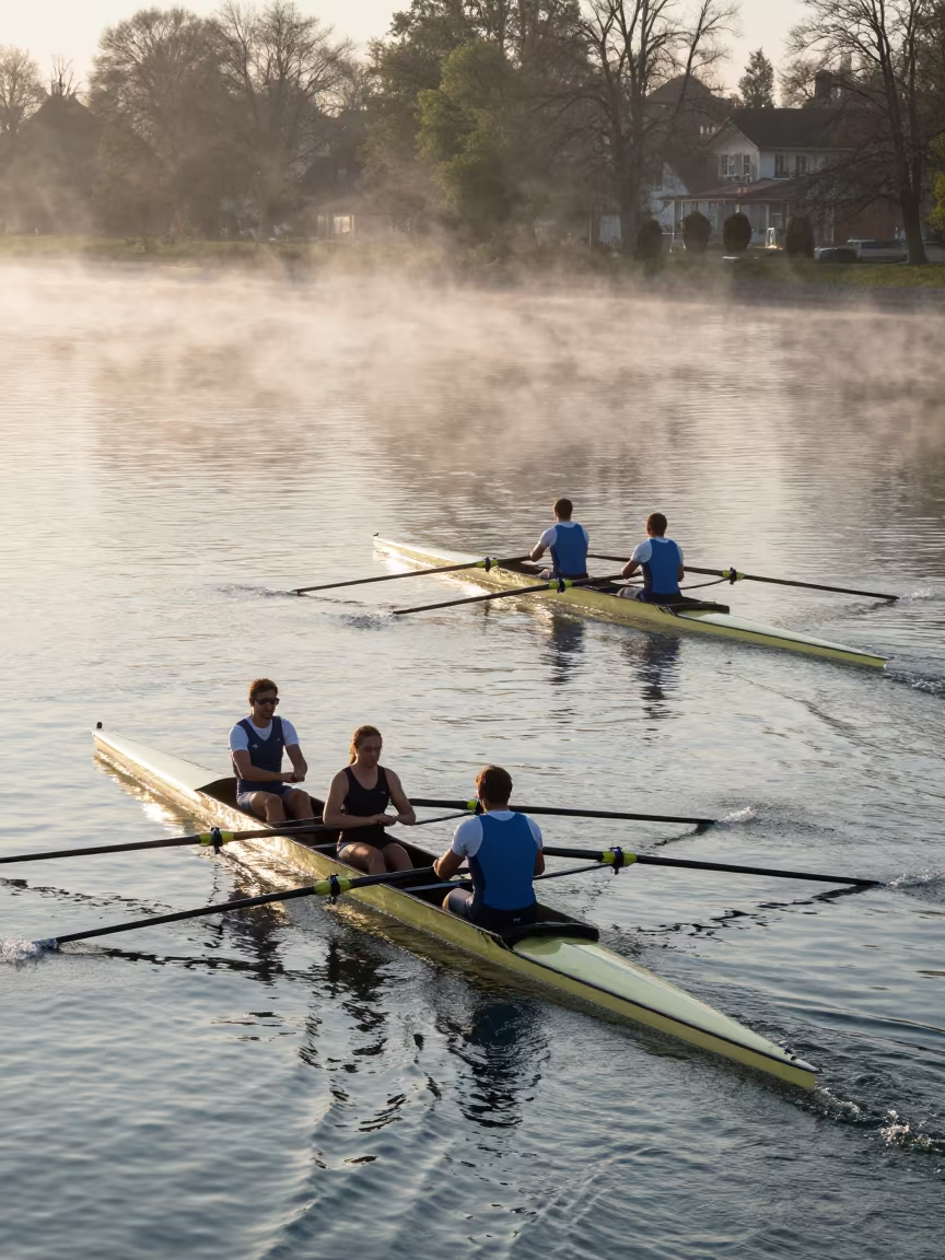 Rowing Shell Four Dawn Practice Misty Munich in near Schwabing, Munich