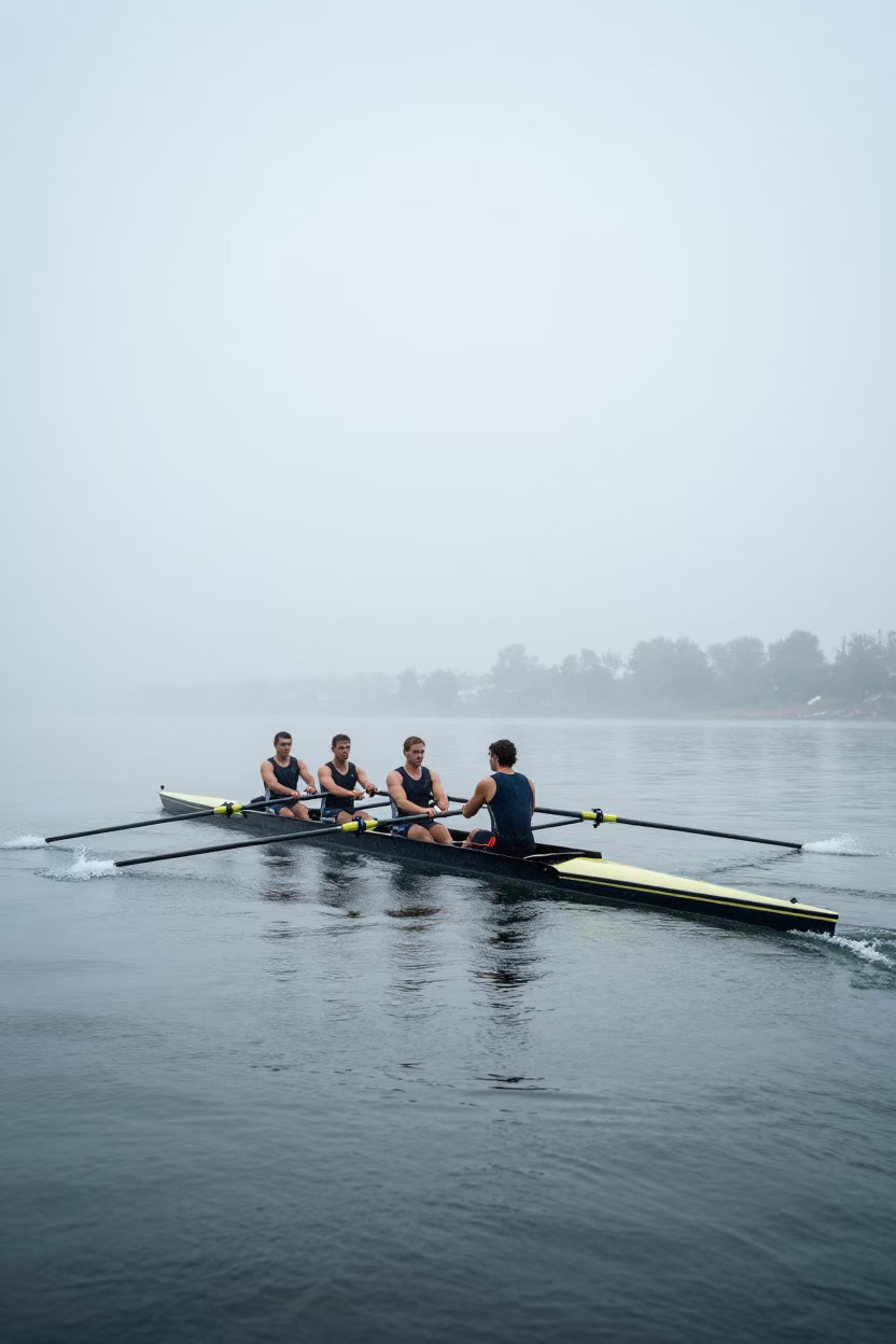 Rowing Shell Four on Misty Brescia Causeway Noon in on a wind-open causeway near Brescia