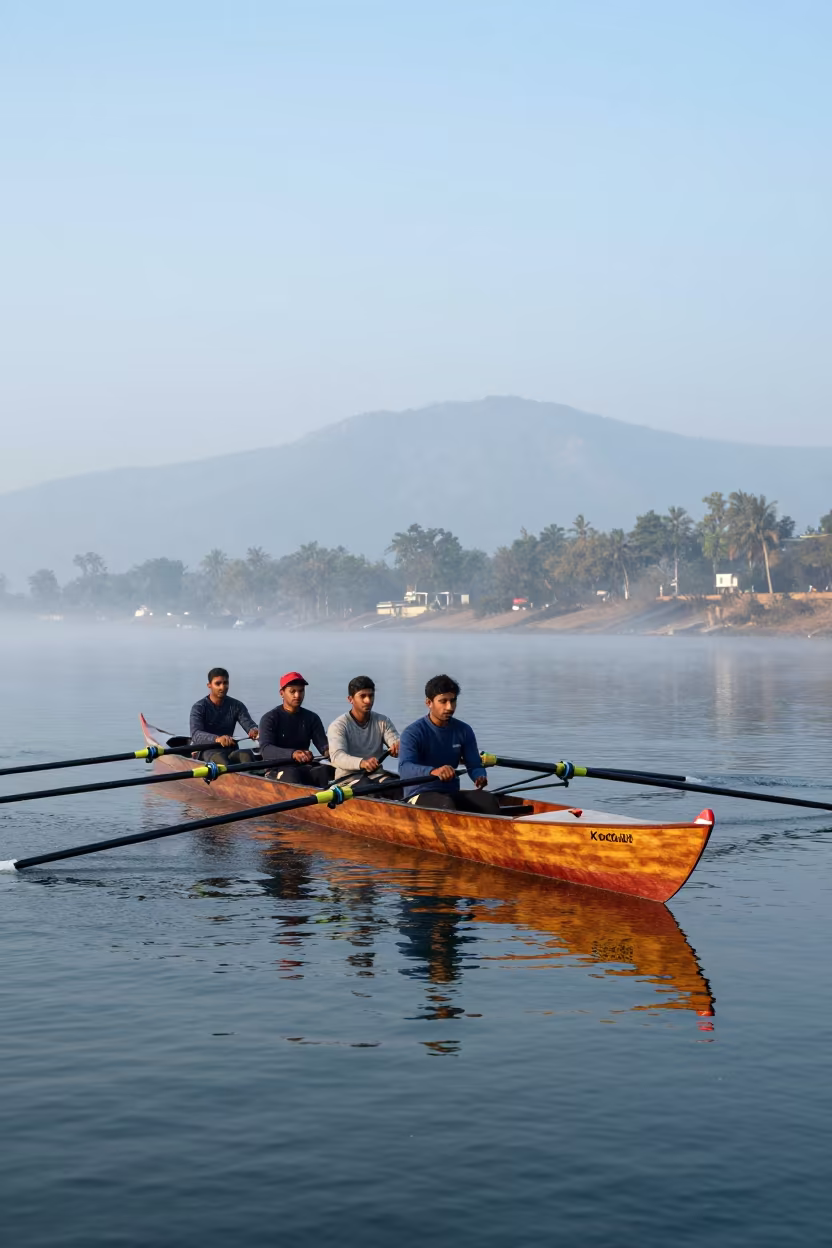 Rowing Shell Four in Monsoon Snow Jharkhand in beside a fogbound harbor mouth in Jharkhand