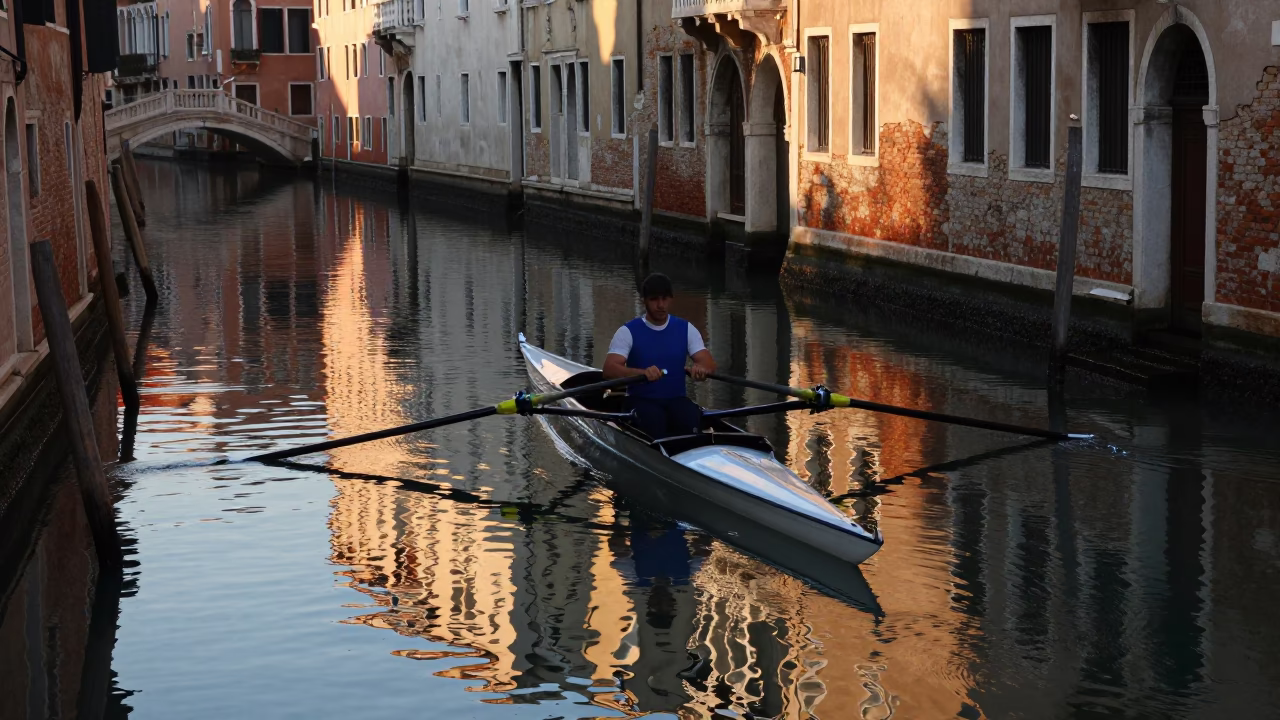 Rowing Shell in Venice at The Still Hours Before Dawn Light in in Venice, Italy