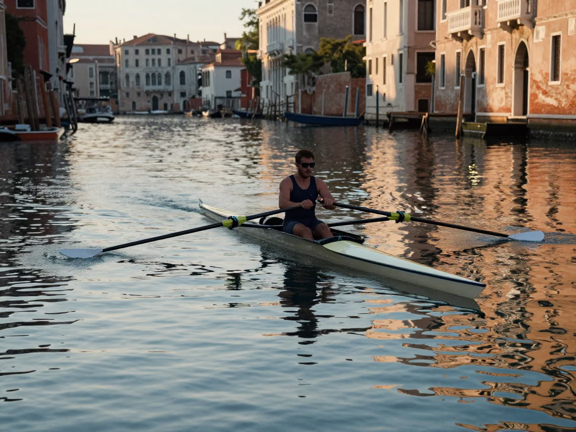 Rowing Shell on Flat Water at Nautical Dawn in Venice Italy in in Venice, Italy
