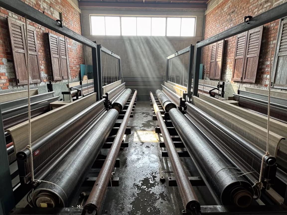 Rows of Looms in Myeik Textile Factory Midday in in a machine shop near Myeik