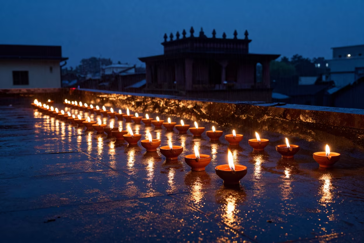 Rows of Oil Lamps on Mumbai Rooftop at Twilight in in a ceremonial hall in Marine Drive, Mumbai