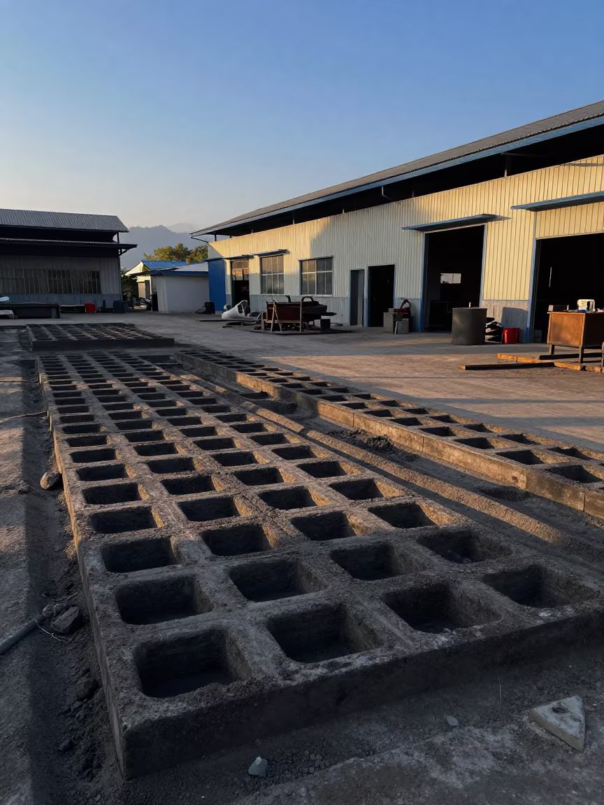 Rows of Sand Molds in Foundry Pit in on a factory floor near Fuzhou