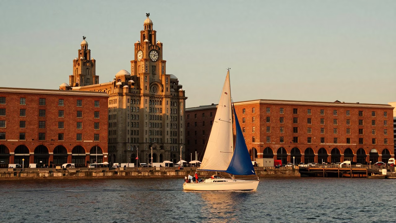 Royal Albert Dock Waterfront at Sunset Light in Liverpool in in Liverpool, United Kingdom